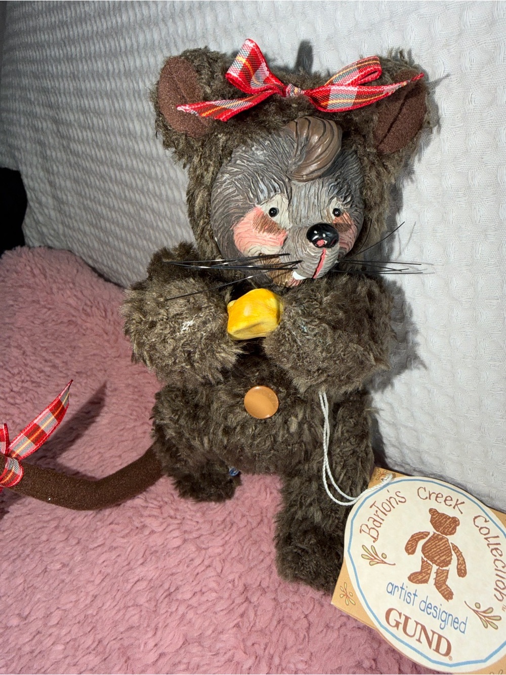 Gund Brown Plush Mouse with Red Plaid Bow and Yellow Accessory